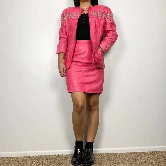 Vakko Vintage 100% Leather Pink Blazer Jacket Mini Skirt Set